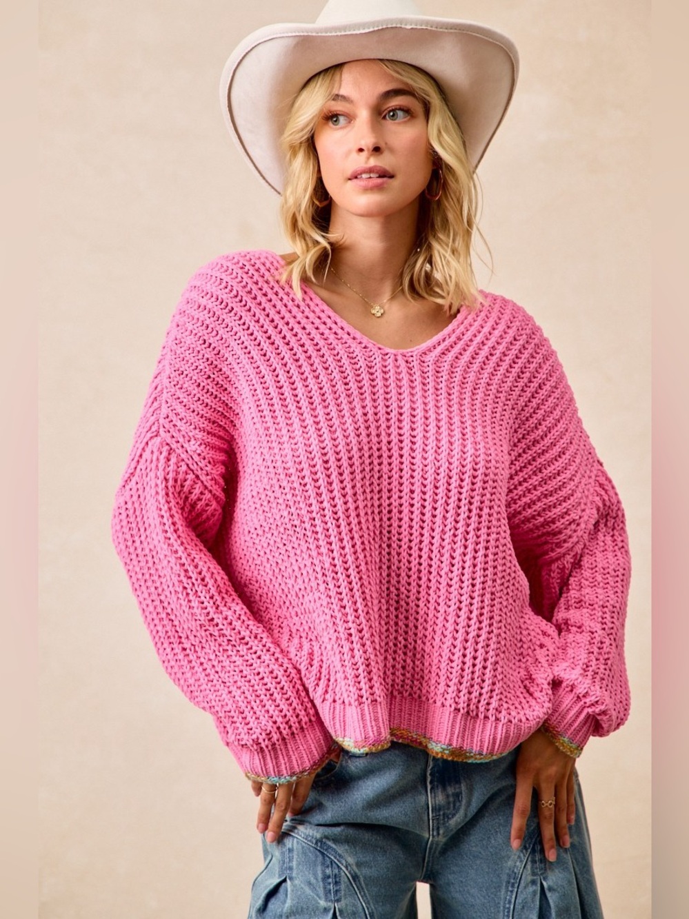 BiBi V-Neck Sweater with Colorful Trim